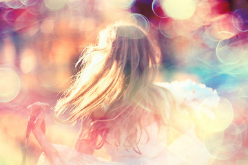 Wall Mural - wind long hair summer girl portrait / freedom, happiness, independence, tourist travel young girl