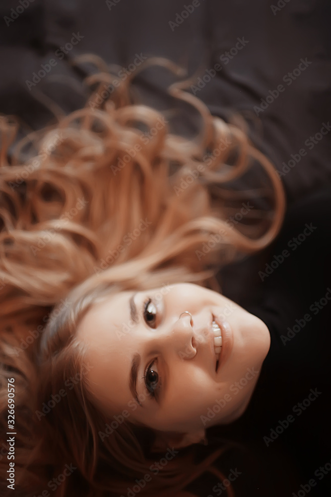 cute blonde sweater portrait / winter look, portrait of beautiful model with long hair in cold season - obrazy, fototapety, plakaty 