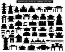 Set Of Vector Silhouettes Of Chinese Temples, Gates And Traditional Buildings.