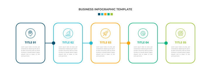 Modern Minimalist Business Infographic template square shape. 5 steps / option timeline with icons. For presentation, process, diagram, workflow, chart. Vector with blue, green, orange color