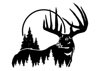 wild deer with big horns, black and white vector silhouette