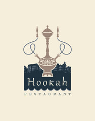 Vector banner, logo or business card for a restaurant or cafe with Oriental cuisine and hookah. Illustration with a hookah with two Smoking pipes on the background of the old city