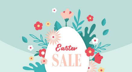 Wall Mural - Happy Easter banner with flowers and Easter egg. Easer Sale poster. Floral spring background, vector illustration