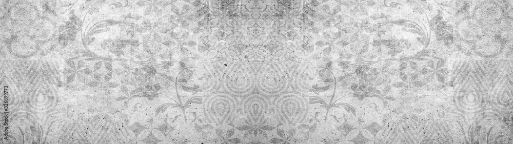 Old gray vintage shabby damask patchwork tiles stone concrete cement wall texture background banner - obrazy, fototapety, plakaty 