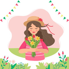 Wall Mural - Girl holding flowers in spring. Festive garlands. Cute vector illustration in flat style