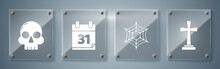 Set Tombstone With Cross , Spider Web , Calendar With Halloween Date 31 October And Skull . Square Glass Panels. Vector