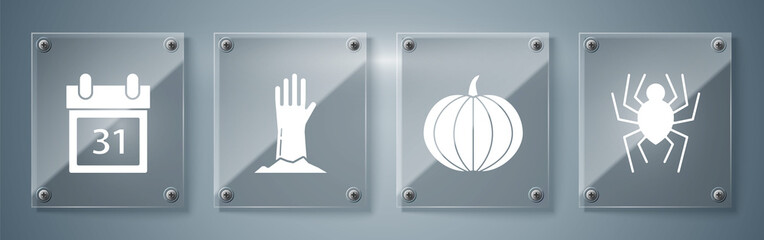 Canvas Print - Set Spider , Pumpkin , Zombie hand and Calendar with Halloween date 31 october . Square glass panels. Vector