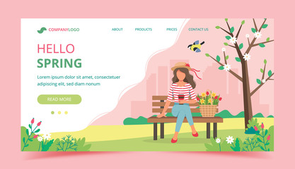 Wall Mural - Woman sitting on the bench with spring flowers in basket. Landing page template. Cute vector illustration in flat style.