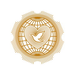 Church logo. Christian symbols. Heart and dove on a background of the globe.