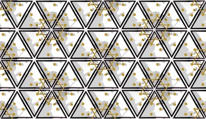 Poster - Abstract 3D background with fantasy luxury seamless pattern of black and white triangular polygons and golden spheres. 3D illustration