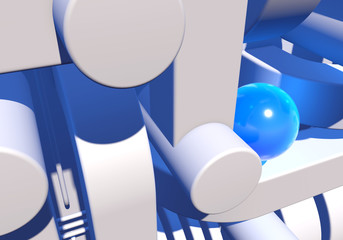 Poster - White industrial or technology abstraction with shiny blue balls and connection pipes. 3D illustration