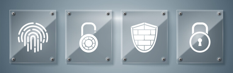 Wall Mural - Set Lock , Shield with cyber security brick wall , Safe combination lock wheel and Fingerprint . Square glass panels. Vector