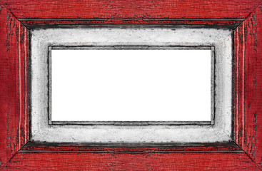 red Old wooden of picture frame with peeling red and white paints, retro, vintage, horizontal copy space in the center