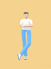 A young cheerful guy is standing in a free pose of his hands on his chest. Positive character in casual colored clothes on a yellow background. Funny, abstract cartoon man. 3D rendering.