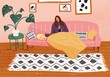 © Rachael Presky - Illustration of woman having coffee while sitting next to her dog on sofa