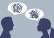 Dialogue between a man and a woman. Silhouettes of people and speech bubbles. Vector illustration