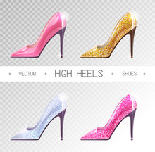 Set Of Ladies Disco High Heels Shoes Isolated On Transparent Background. Vector Illustration