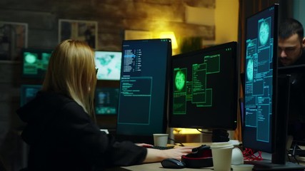 beautiful hacker girl working with another dangerous cyber criminals