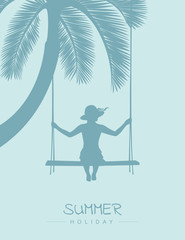 Wall Mural - girl on a swing on summer holiday tropical palm background vector illustration EPS10