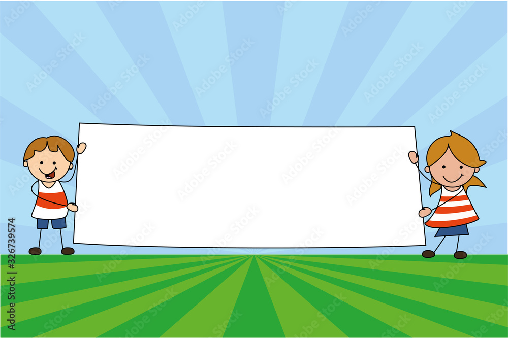 kids holding blank sign illustration - boy and girl holds empty sign ...