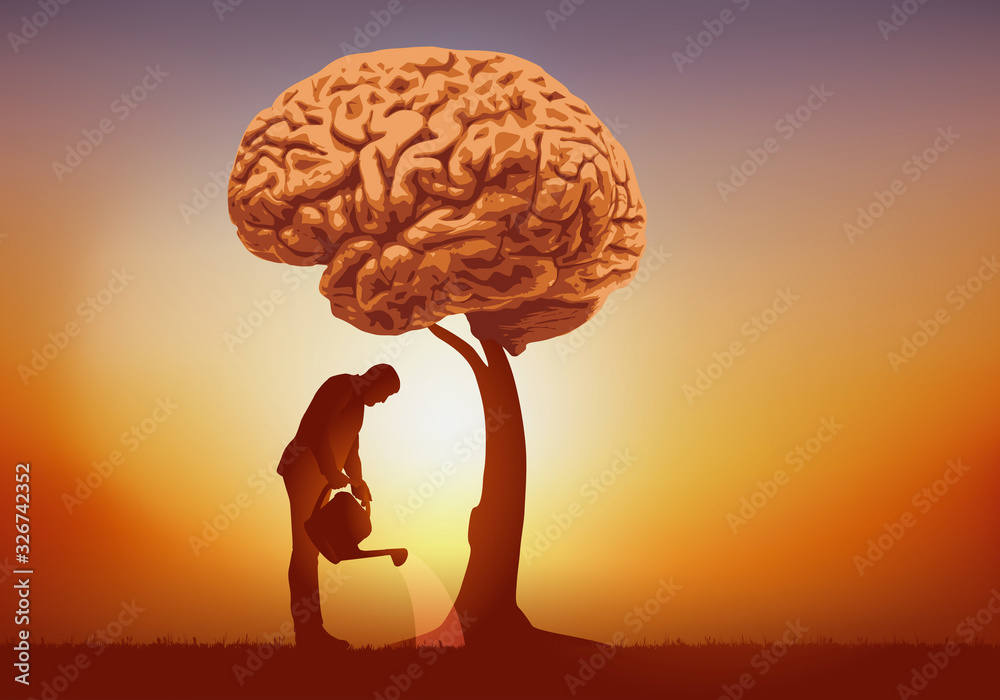Concept de l’intelligence et de la culture du savoir avec un homme qui arrose un arbre dont le feuillage est symboliquement remplacé par un cerveau. - obrazy, fototapety, plakaty 