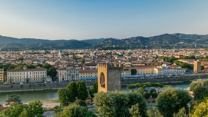 Sticker - Beautiful landscape above timelapse, panorama on historical view of the Florence from Piazzale Michelangelo point. Italy.