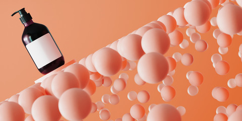 Poster - Abstract background minimal presentation for refreshing concept. Cosmetic bottle on podium and coral spheres on coral background. 3d rendering illustration.