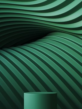 Abstract background for branding and minimal presentation. Green podium on folding paper pleated geometric background. 3d rendering illustration.