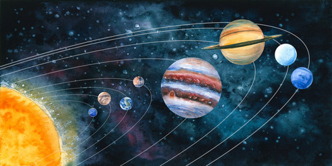 watercolor solar system with planets. hand drawn illustration. painted universe is perfect for astro