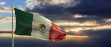 Mexico National Flag Waving On Blue Sky Background. 3d Illustration