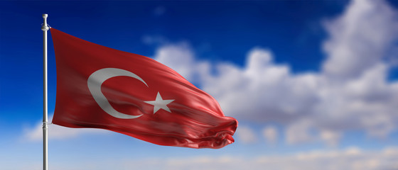 Canvas Print - Turkey national flag waving on blue sky background. 3d illustration