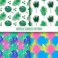 Aufkleber - Set of tropical seamless patterns. Summer exotic plants ornament. Jungle hand drawn texture. Nature illustration. Botanical background.