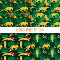 Aufkleber - Lion. Set of vector hand drawn seamless patterns. Ornament with predators. Wild cats background.