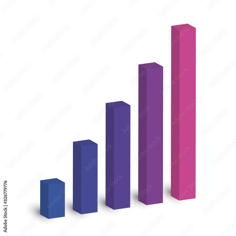 Bar chart of 5 growing columns. 3D isometric colorful vector graph. Economical growth, increase or success theme - obrazy, fototapety, plakaty 