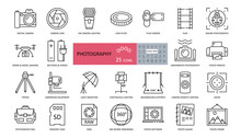 Photo Set Of 25 Icons With Editable Stroke. Vector Illustration Of Shooting And Processing Photos. Cameras, Lenses, Flashes, Lighting, Drone, Aerial Photography, Album, Remote Control, Bag, Tripod.