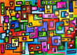 A colourful hand painted abstract picture in a modern cubism style design