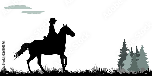 Cuadros en Lienzo girl galloping on a horse in a field, on the grass, isolated image, black silhouette on a white background, forest, clouds
