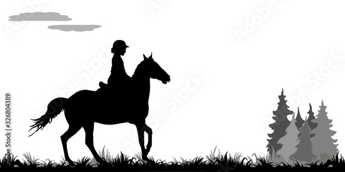 Fotomural girl galloping on a horse in a field, on the grass, isolated image, black silhouette on a white background, forest, clouds