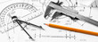 Engineer technicial drawings and  mechanical parts engineering industry work project paper prints. Measuring tools on table.