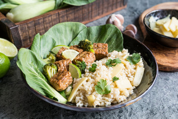 Sticker - Tempeh with rice, bok choy, steamed broccoli and bamboo shoots