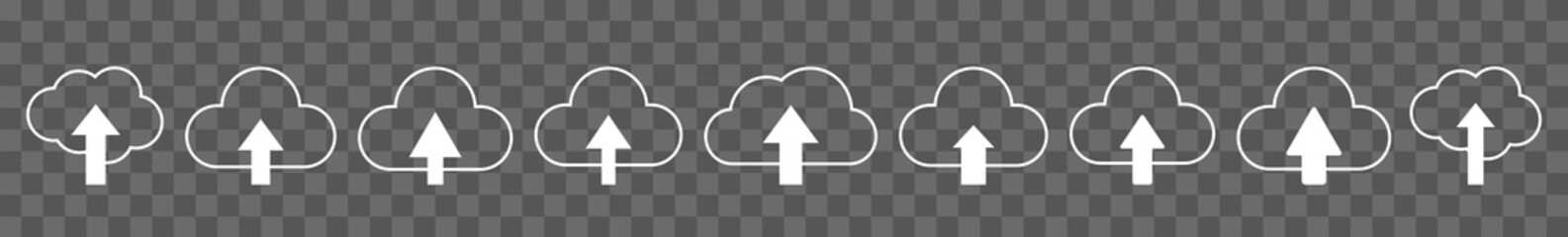 Wall Mural - Cloud Upload Icon White | Clouds Arrow Up Illustration | Computing Storage Symbol |  Server Data Internet Logo | IT Service Sign | Isolated | Variations