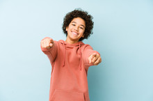 African American Little Boy Isolated Cheerful Smiles Pointing To Front.