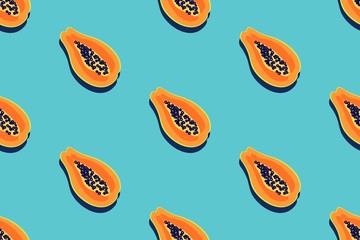 Wall Mural - Papaya fruit pattern. Seamless summer tropical background. Bright kitchen, home decor or healthy eating design. Cartoon flat design. Vector