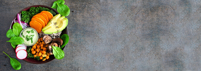 Poster - Healthy vegan buddha bowl with avocado, sweet potato, kale and vegetables. Side border on a dark stone banner background. Healthy eating concept.