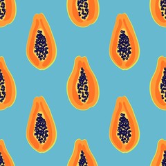 Wall Mural - Papaya fruit pattern. Seamless summer tropical background. Bright kitchen, home decor or healthy eating design. Cartoon flat design. Vector