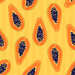 Wall Mural - Papaya fruit pattern. Seamless summer tropical background. Bright kitchen, home decor or healthy eating design. Cartoon flat design. Vector