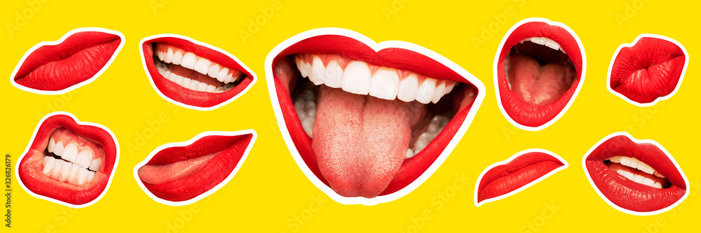 Collage in magazine style with female lips on bright yellow background. Smiling, mouthes screaming, scratching, different emotions. Modern design, creative artwork, style, human emotions concept. - obrazy, fototapety, plakaty 