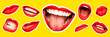 Leinwandbild Motiv Collage in magazine style with female lips on bright yellow background. Smiling, mouthes screaming, scratching, different emotions. Modern design, creative artwork, style, human emotions concept.