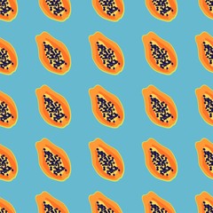 Wall Mural - Papaya fruit pattern. Seamless summer tropical background. Bright kitchen, home decor or healthy eating design. Cartoon flat design. Vector