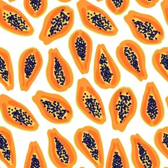 Wall Mural - Papaya fruit pattern. Seamless summer tropical background. Bright kitchen, home decor or healthy eating design. Cartoon flat design. Vector